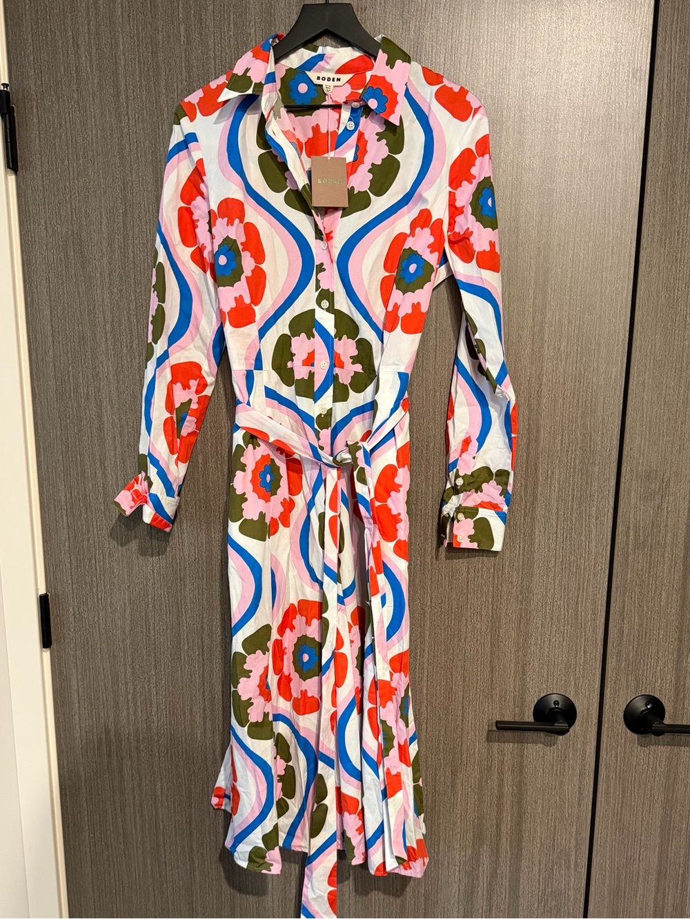Boden Multicolor Floral Long-Sleeve Shirt Dress - White, Red, Blue, Green